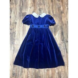 Girl's Vintage Florence Eiseman Blue velvet dress size 8 white lace